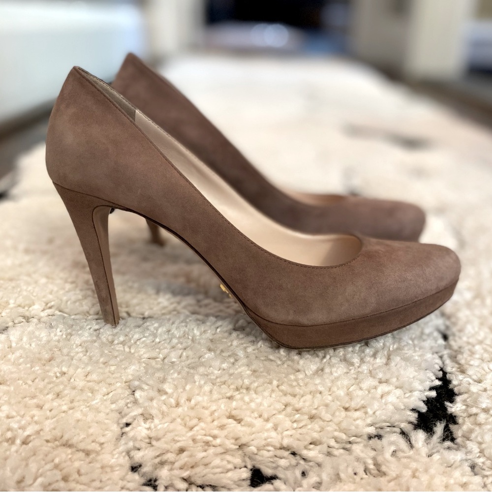 Prada taupe/beige suede platform stiletto heels. Like new